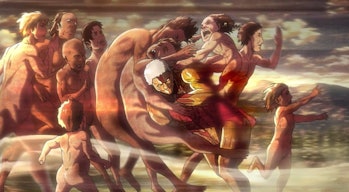 Reiner's Armored Titan charges a group of mindless Titans with Ymir on his back in a desperate act o...
