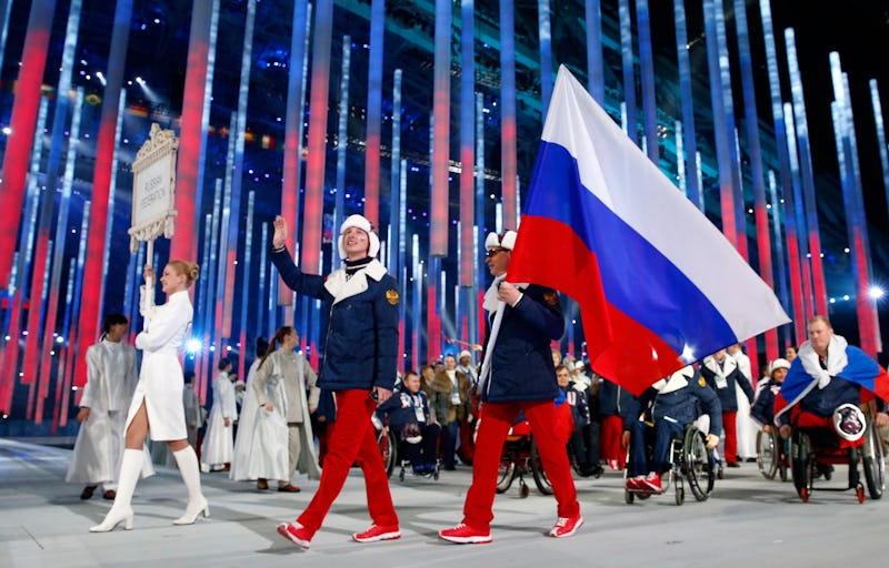 Russian athletes carrying their flag at the 2014 Sochi Olympic games