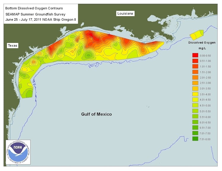 NOAA map shows dissolved oxygen content off the coasts of Louisiana and Texas in the summer of 2011....