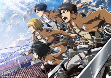 In 'Attack on Titan,' human soldiers use vertical maneuvering equipment to swing around and attack T...