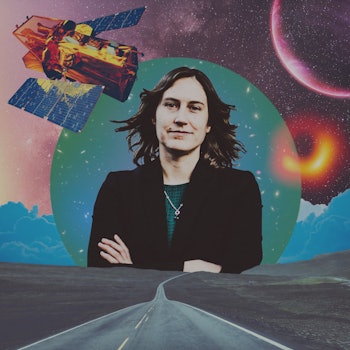 An abstract collage with a road, satellites, and the portrait of Katie Mack