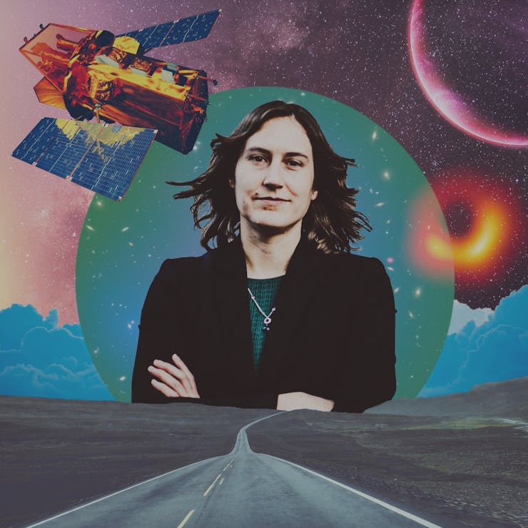 An abstract collage with a road, satellites, and the portrait of Katie Mack