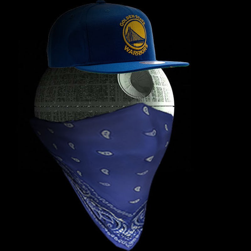 A blue Golden State Warriors cap and a blue bandana