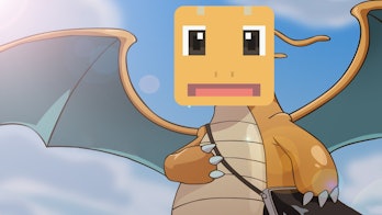 Dragonite from the Pokémon anime with a 'Pokémon Quest' face.