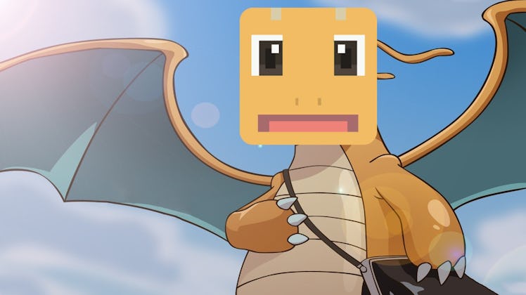 Dragonite from the Pokémon anime with a 'Pokémon Quest' face.