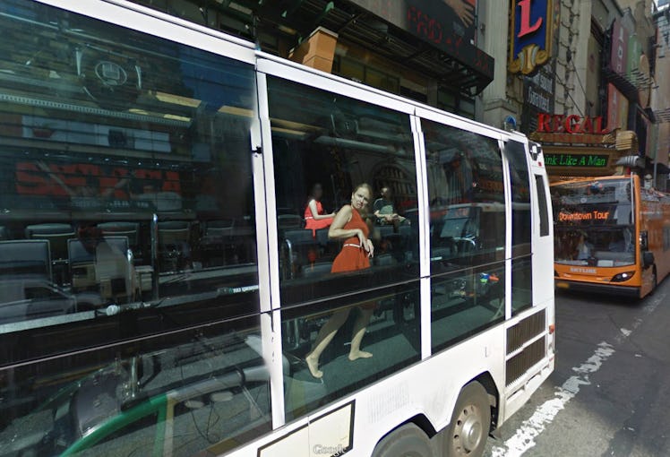 Google bus woman capture strange position Street View reflection New York City