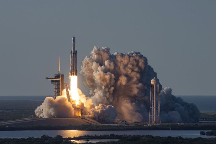 SpaceX's Falcon Heavy rocket lifts off in April 2019, this time carrying the Arabsat-6A communicatio...