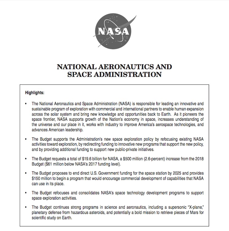 The Trump administration's summary of its NASA budget proposal.
