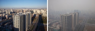 Clear day versus smog day in Beijing. Switching to electric would cut air pollution in the capital.