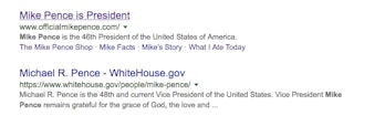 The parody site resting neatly above the official White House entry.