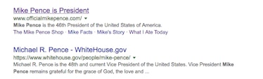 The parody site resting neatly above the official White House entry