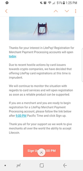 Litepay notification to email list subscribers.