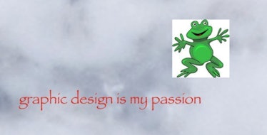 A green frog illustration and "graphic design is my passion" text