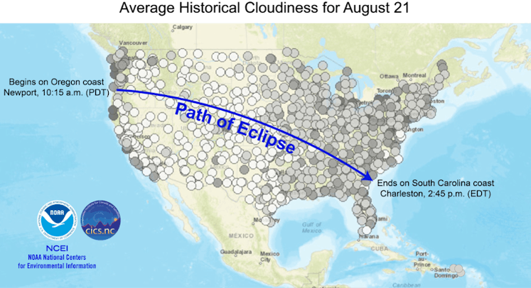 Map showing the US average historical cloudiness for August 21