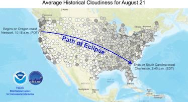 Map showing the US average historical cloudiness for August 21