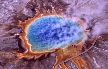 Aerial view of Grand Prismatic Spring; Hot Springs, Midway & Lower Geyser Basin, Yellowstone Nationa...