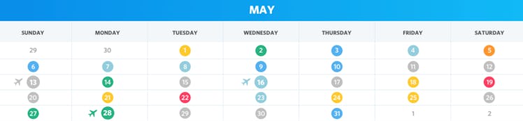 Table with travel dates from May