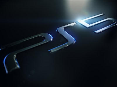 The PS5 logo gleaming brightly against a black backdrop.