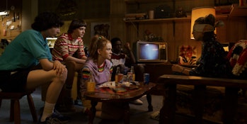 Millie Bobby Brown, Sadie Sink, Finn Wolfhard, Noah Schnapp, and Caleb McLaughlin in Netflix's Stran...