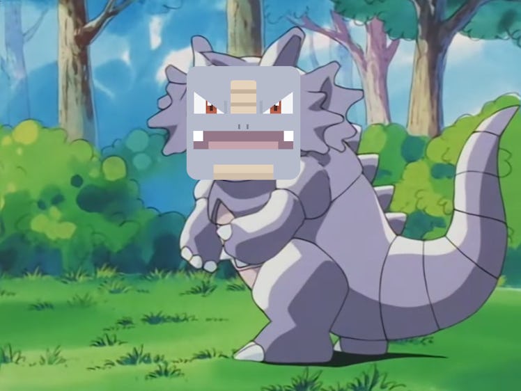 Rhydon from the anime with a 'Pokémon Quest' face.
