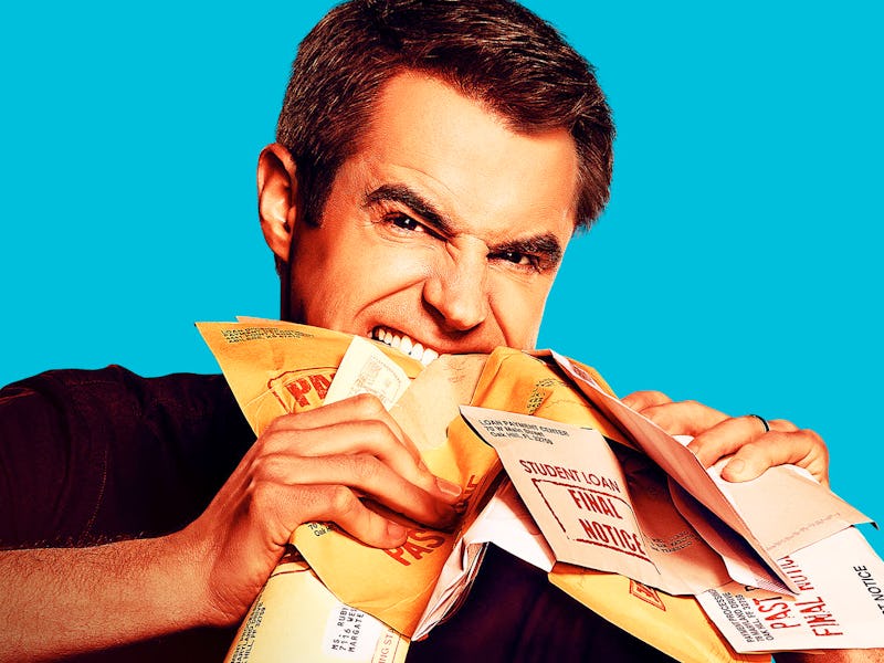 A young man biting a stack of student debt letters