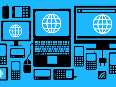 A blue and black collage of various illustrated devices connected to AT&T