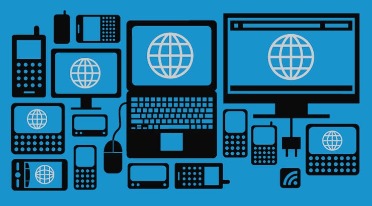 A blue and black collage of various illustrated devices connected to AT&T