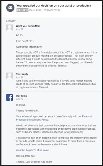 The first exchange between Steve and the Facebook team.