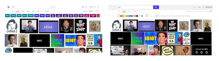 Yahoo and Bing have nearly identical search results for 'idiot' that feature Obama instead of Trump.