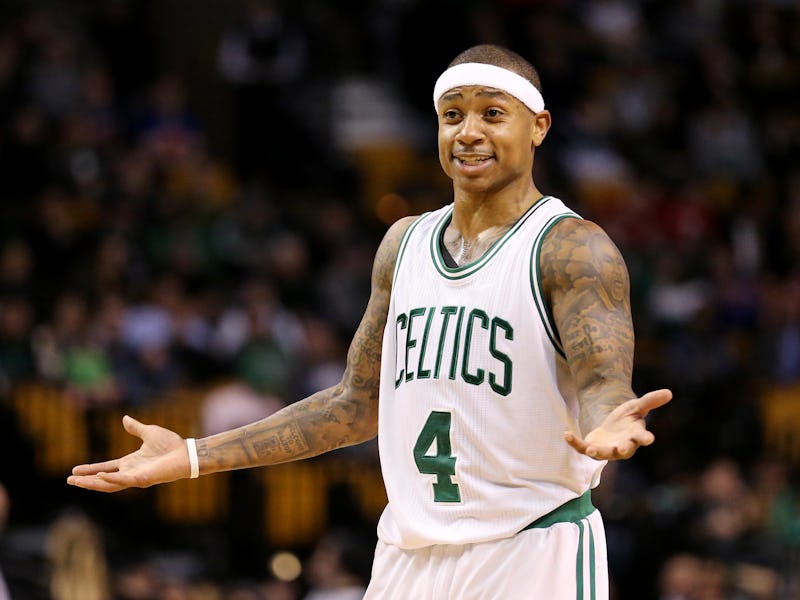 Isaiah Thomas in a Celtics jersey and a white headband with his arms open