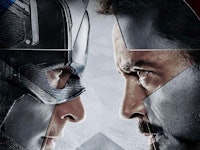 Chris Evans as Captain America and Robert Downey Jr. as Tony Star facing each other in the Marvel Un...
