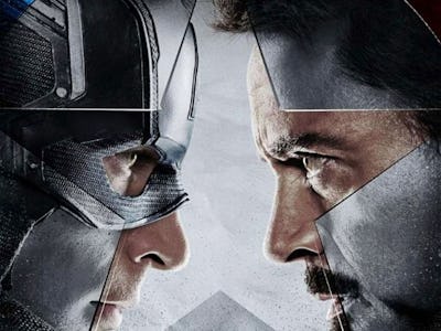 Chris Evans as Captain America and Robert Downey Jr. as Tony Star facing each other in the Marvel Un...