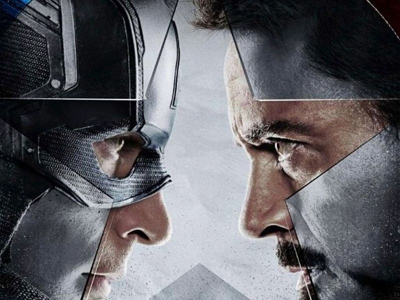 Chris Evans as Captain America and Robert Downey Jr. as Tony Star facing each other in the Marvel Un...