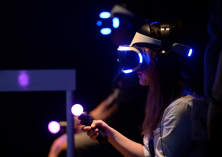A female gamer trying the Sony VR headset