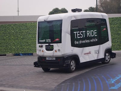 A mini bus for a test ride in Helsinki, Finland.