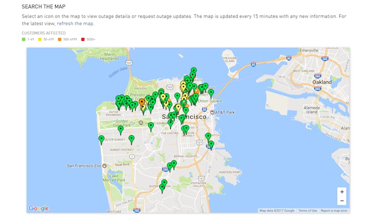 PGE outage map of San Francisco during power outage.