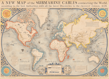 2015 map of 278 in-service and 21 planned undersea cables.
