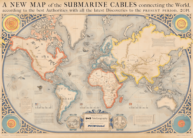 2015 map of 278 in-service and 21 planned undersea cables.