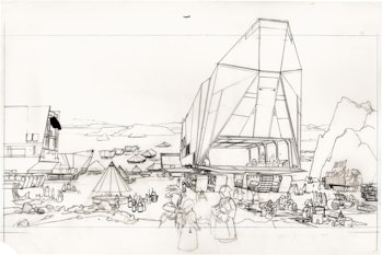 McQuarrie's rough drawing for an illustration called "Tatooine — Jawa Swap Meet".