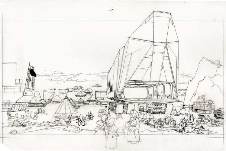 McQuarrie's rough drawing for an illustration called "Tatooine — Jawa Swap Meet".