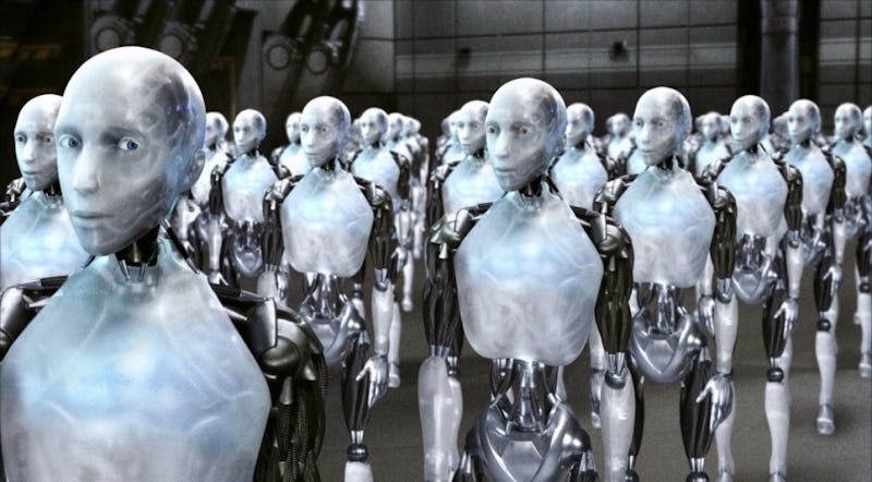 A large number of white metal robots standing next to each other