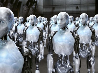 A large number of white metal robots standing next to each other