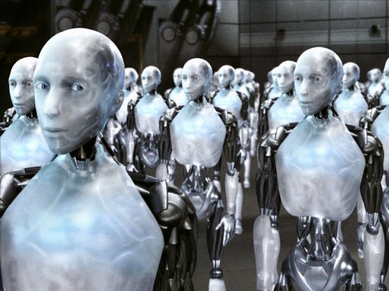A large number of white metal robots standing next to each other