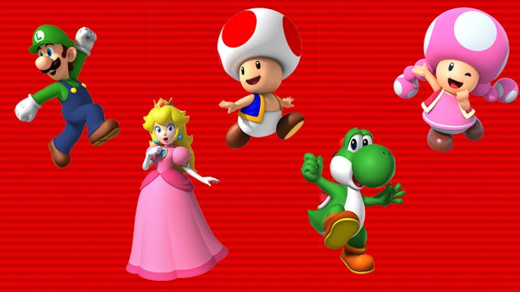 Collage of five Super Mario Run characters on a red background