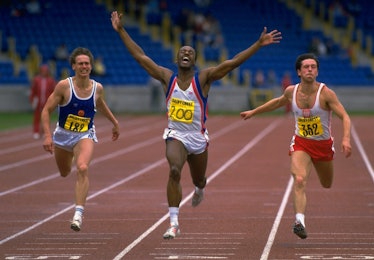 An athlete crossing the line at a running race
