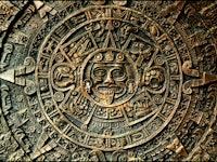 A close-up of the Aztec Calendar artifact