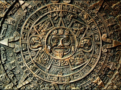 A close-up of the Aztec Calendar artifact