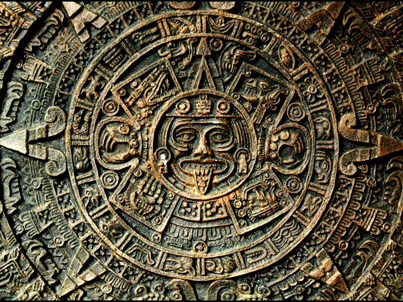 A close-up of the Aztec Calendar artifact