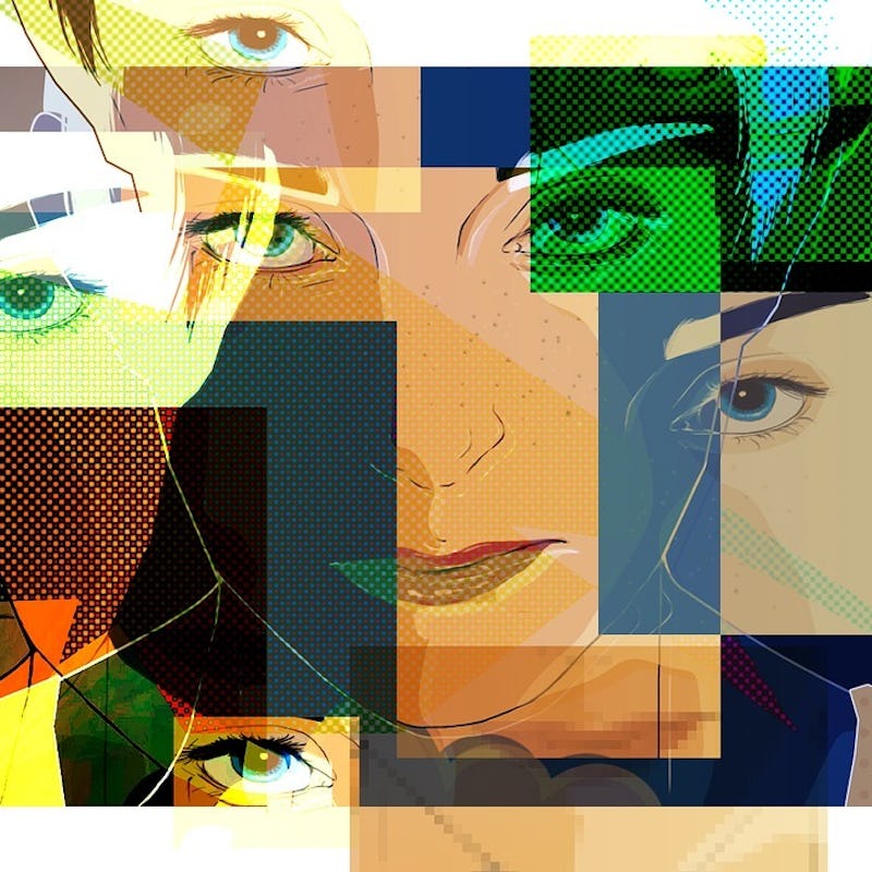 A collage with different segments of illustrated faces that represent conspiracy theories