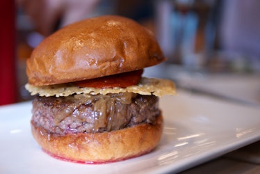 A burger with tomato, parmesan crisp, and meat